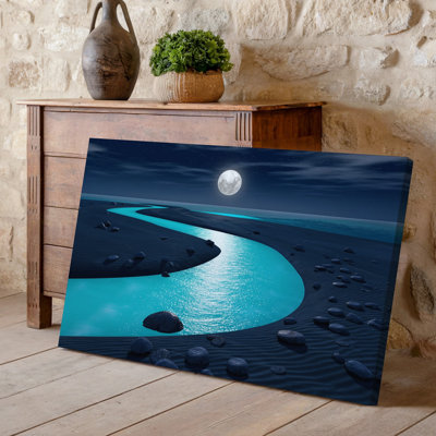 Toile, scène sereine de plage nocturne avec un chemin sinueux d'art mural, eau turquoise brillante menant à l'horizon, art mural sur toile