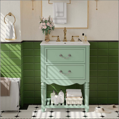 Meuble-lavabo de salle de bain avec lavabo en céramique, armoire de salle de bain avec deux tiroirs à fermeture en douceur et une tablette ouverte