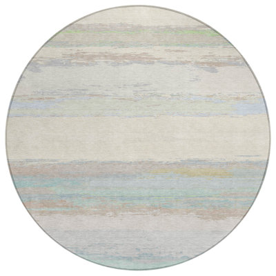 8' Ivory Round Abstract Washable Indoor Outdoor Area Rug