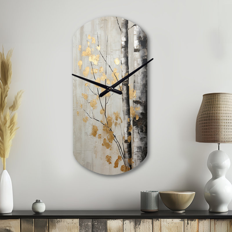 Tree Whispers Of Grey and Gold - Cylindre monochrome, horloge murale en métal, horloge asymétrique, Grand