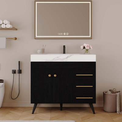 Meuble-lavabo autoportant avec lavabo en céramique intégré et surface en pierre frittée