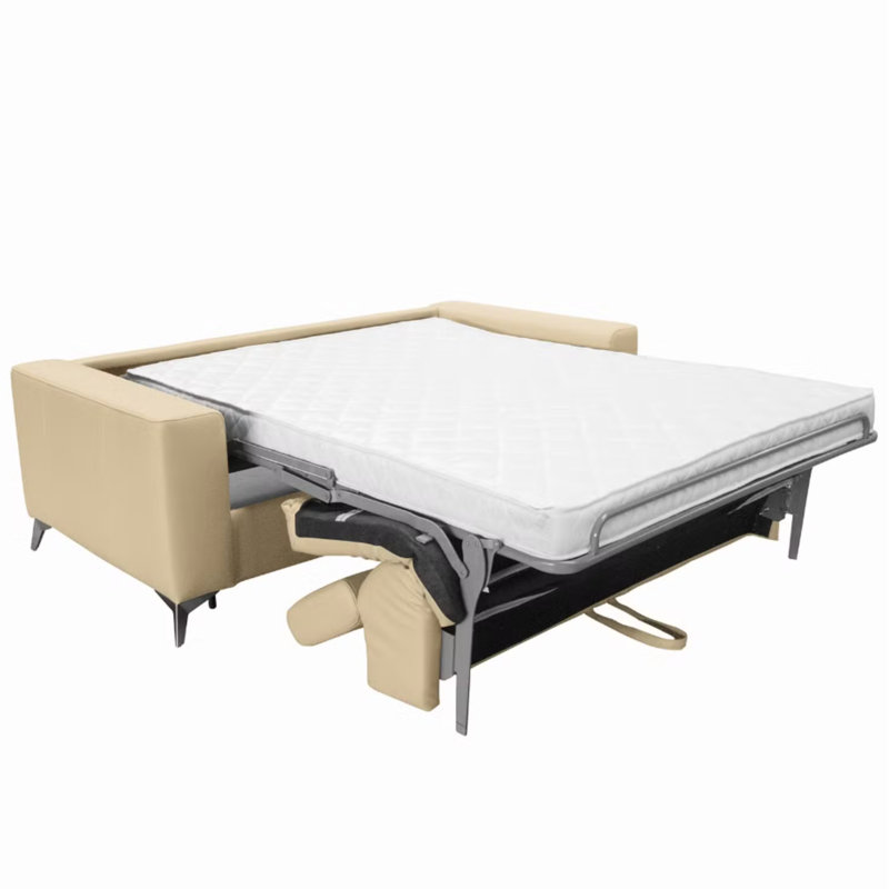 Lucy Genuine Leather Fold-out Sleeper Sofa with Mattress and Adjustable Headrests, Beige