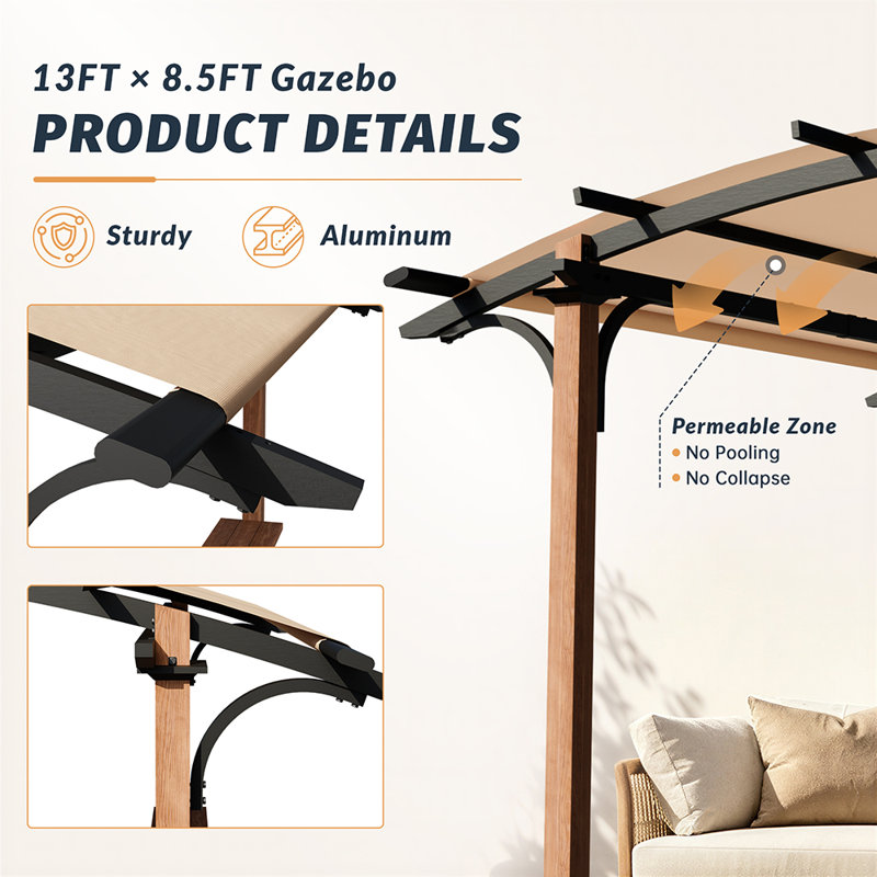 Pergola en aluminium 11 pi x 8,8 pi avec auvent, L 11 pi x P 8,8 pi, Thermolaqué