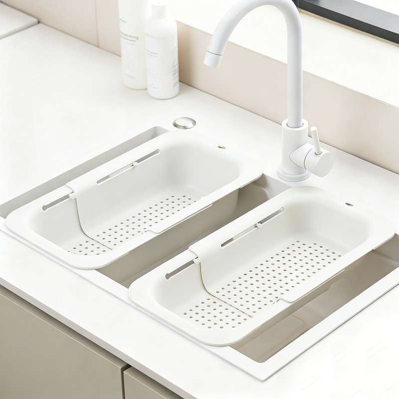 Over the Sink Extendable Colander Strainer Basket - Wash Vegetables and Fruits, Drain Cooked Pasta and Dry Dishes(White,2 Pcs)