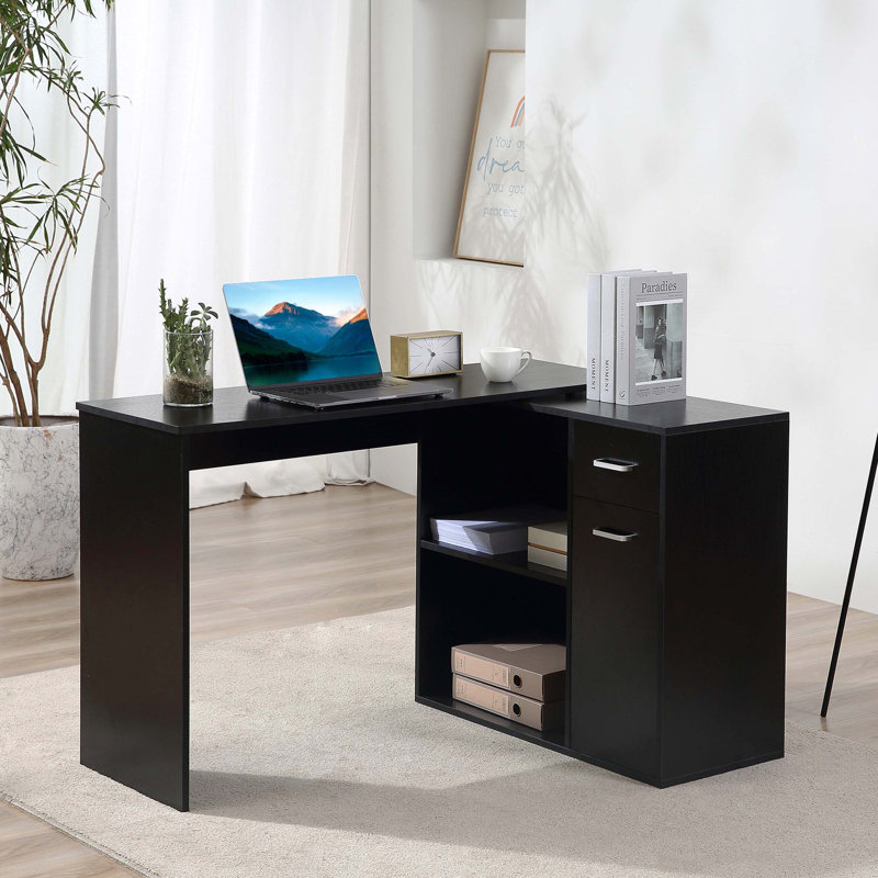 Bureau d'ordinateur de coin en L noir pivotant à 180 °, poste de travail avec tablettes indépendantes, tiroirs et armoire de rangement