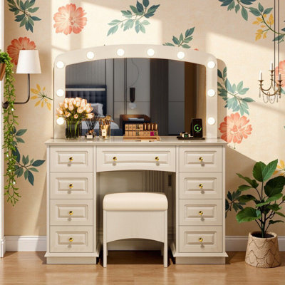 Makeup Vanity With 10 Hollywood Bulbs, 3 Lighting Modes, 9 Storage Drawers & Cushioned Stool