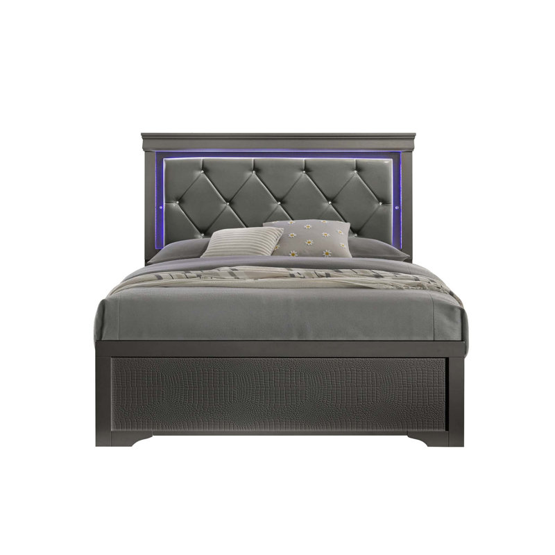 Blaze Upholstered Modern Style Full Bed Made With LED Headboard & Wood, Twin, Gray