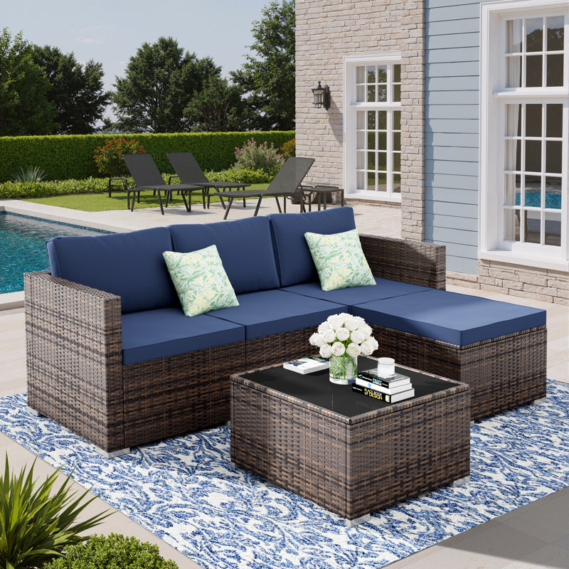 Ensemble de conversation modulaire d'extérieur 5 pièces pour 5 personnes avec coussins bleu marine, Marine, Brun