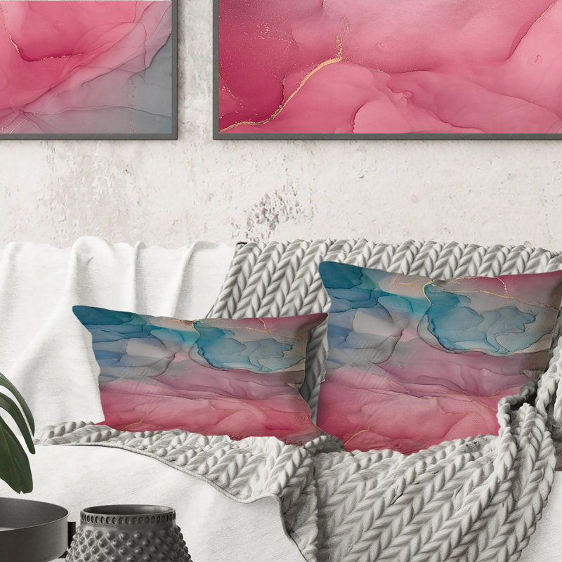 Coussin rose et bleu avec des nuages d'encre I - imprimé moderne, 18 po x 18 po