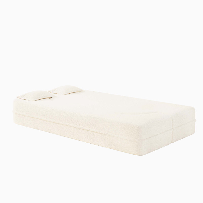 Canapé-lit simple en tissu Teddy, lit convertible en mousse avec coussins et sans assemblage, Beige et blanc