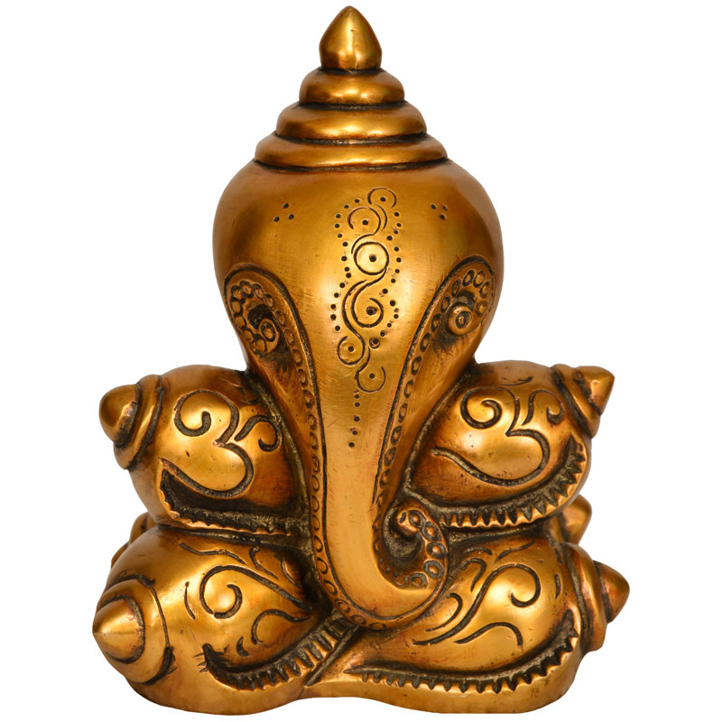 Statue Ganesha en coquille de conque fabriquée à la main 7 po - Sculpture d'art sacré pour décoration intérieure, autel de méditation et protection spirituelle - Décoration traditionnelle indienne en laiton