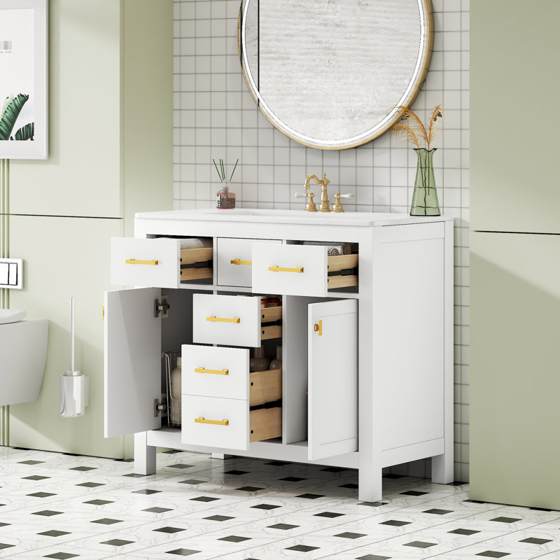 Meuble-lavabo de 36 po en céramique, moderne et 4 tiroirs et 2 armoires, meuble de rangement avec lavabo, design, solution
