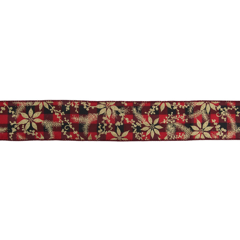 Ruban de Noël rouge et noir à motif écossais câblé avec poinsettias dorés 2,5 po x 16 po