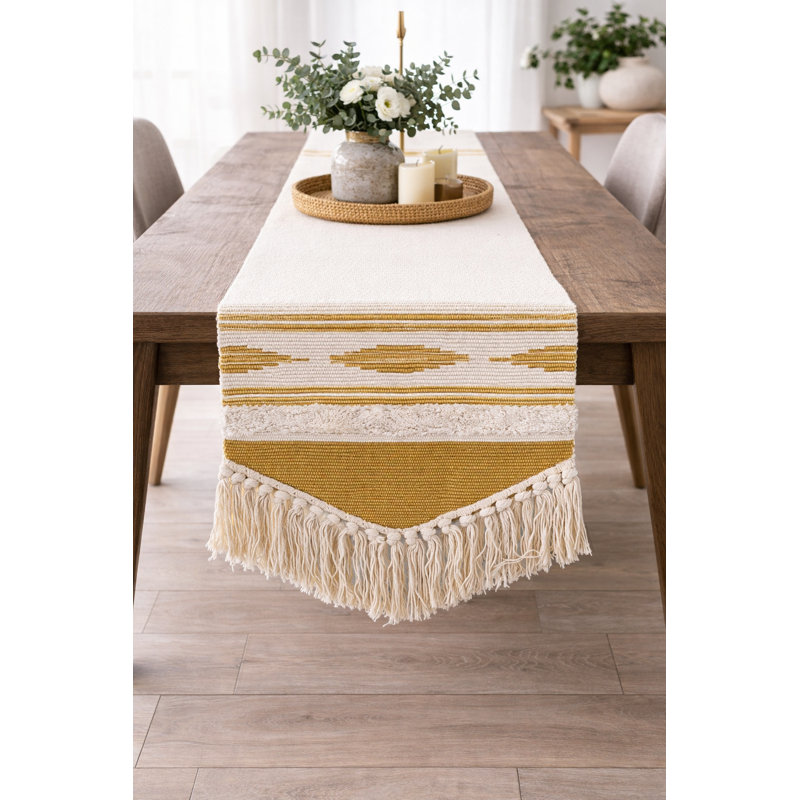 Chemin de table en coton blanc à motif géométrique avec pampilles l 14 po x L 71 po, Jaune