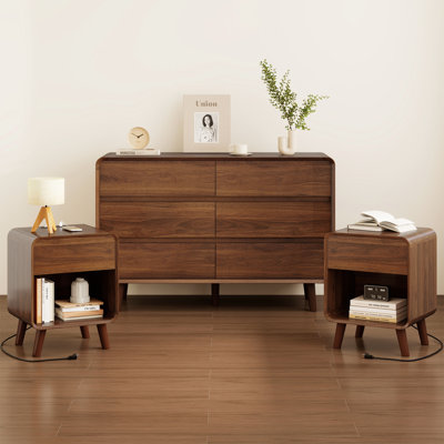 Mid-Century Walnut Curved Dresser & Nightstand Set, Tall Dresser with 6-Drawers and Night Stand Set of 2 for Bedroom