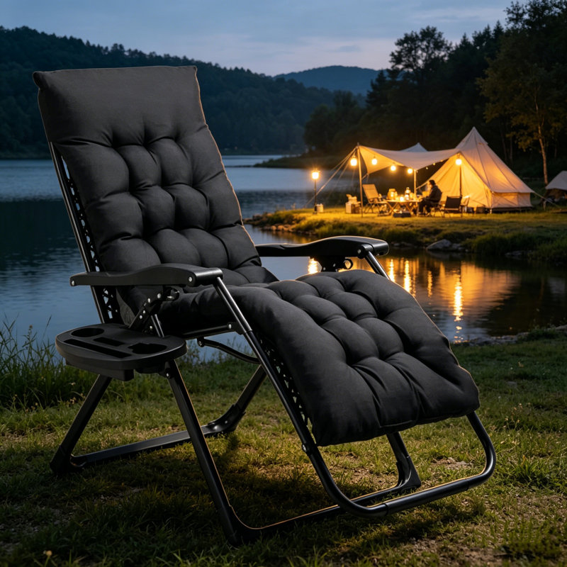 Zero Gravity Folding Recliner Chair with Removable Thick Cushion & Side Cup Holder Tray, Heavy Duty Steel Frame Portable Outdoor Lounge Chair for Patio, Poolside & Indoor Relaxation