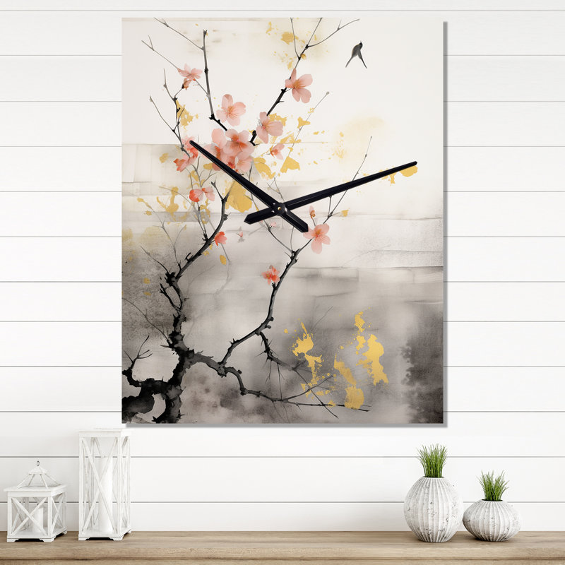 Asian Art Sumi Blossom I - Horloge murale asiatique moderne, H 28 po x l 12 po x P 1 po