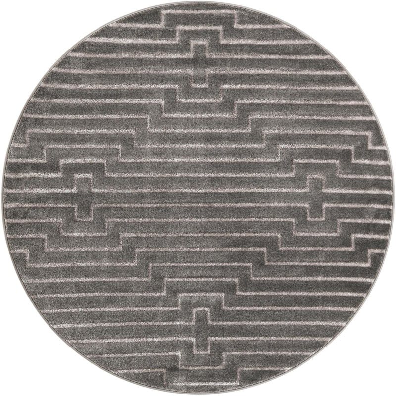 Tapis contemporain gris et argenté Omotayo, Rond 6 pi 1 po