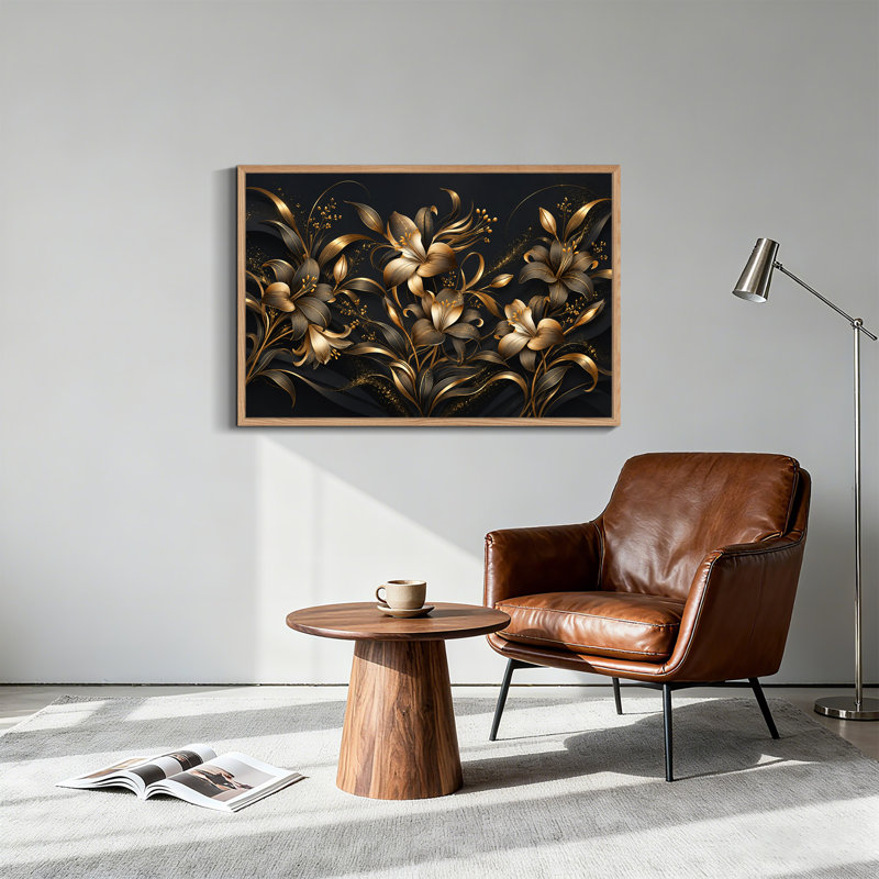 Lys et feuillage doré métallisé sur fond noir, tableau sur toile, H 36 po x l 48 po