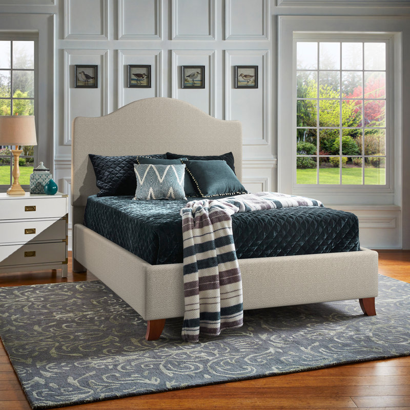 Herning Upholstered Slat Bed With Curved Headboard - Queen Size, Gray And White Herringbone Pattern Fabric
