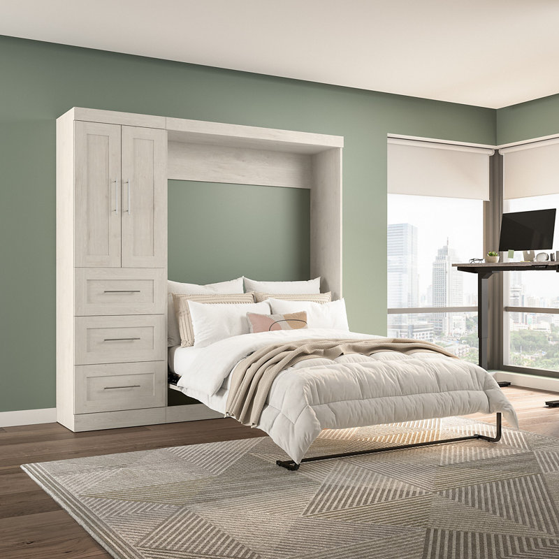 Arlex Bed with Storage Unit with Drawers and Doors, Linen White Oak, Full