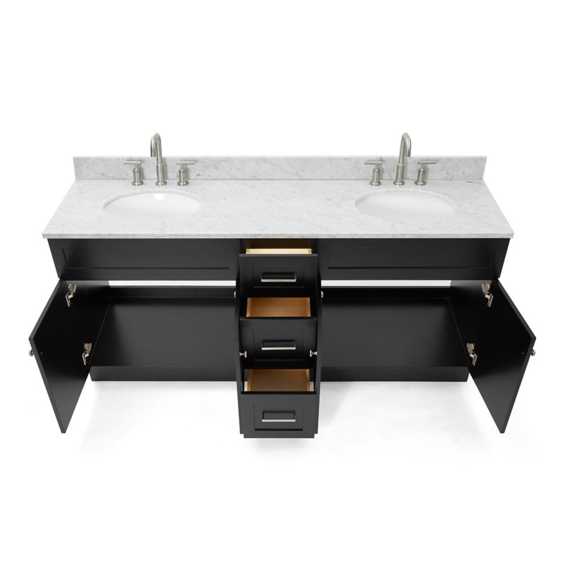 Partham 73'' Double Bathroom Vanity with Carrara Marble Top, Black