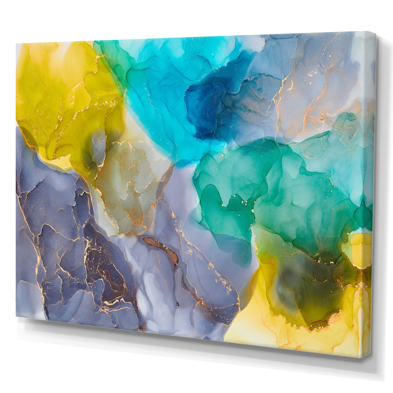 Turquoise et jaune luxe abstrait fluide - peinture sur toile, H 40 po x l 60 po x P 1,5 po, Toile tendue