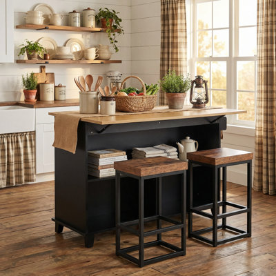 Farmhouse Kitchen Island with Drop Leaf, Storage Cabinet, Drawers, Power Outlet, and 2 Dining Stools