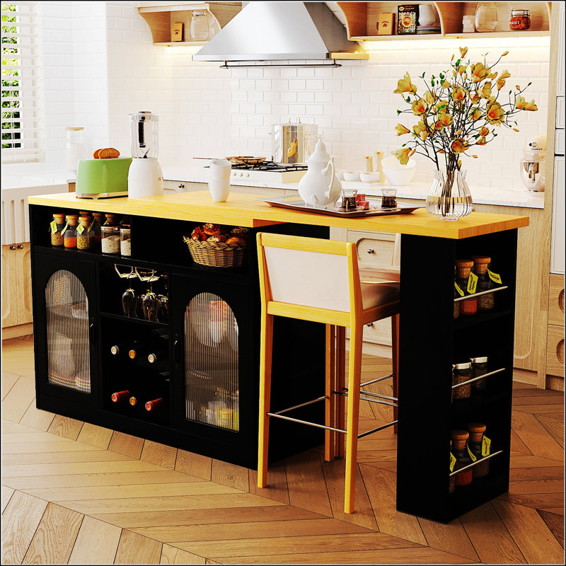 Buffet U_STYLE avec plateau extensible et casier à vin, table de bar haute avec éclairage DEL et prise électrique, chariot à vin mobile de style campagnard