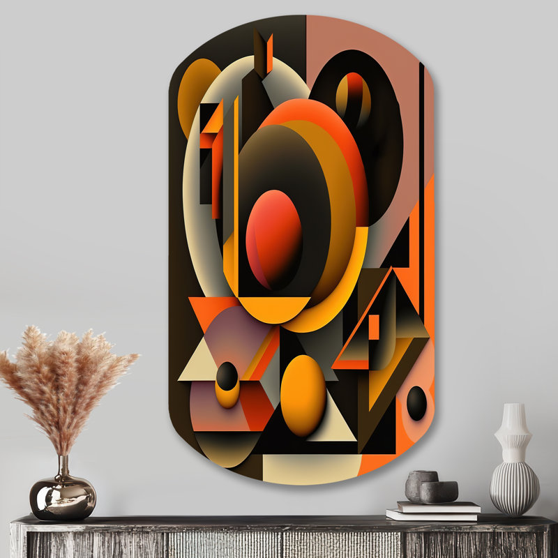 Tishauna multicolore géométrique, formes oranges I - décoration murale géométrique abstraite asymétrique en métal, impression de sculpture murale cylindre en métal