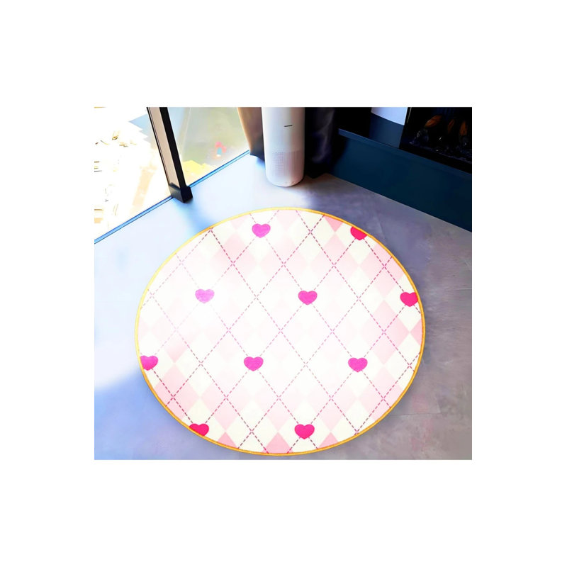 Pink Tile Patterned Heart Detailed Woven Base Decorative Carpet, Round 3'4"