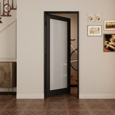 Interior 1‑Lite Black Frame & Frosted Glass Door, CARB P2 MDF Prehung Door with SGCC Tempered Glass, with Jamb Kit, Seal Strip, Black Hinges & Left Hand Inswing, Pre‑Finished & Scratch‑Resistant, Pantry, Bedroom, Bathroom & Closet, 28"x 80"