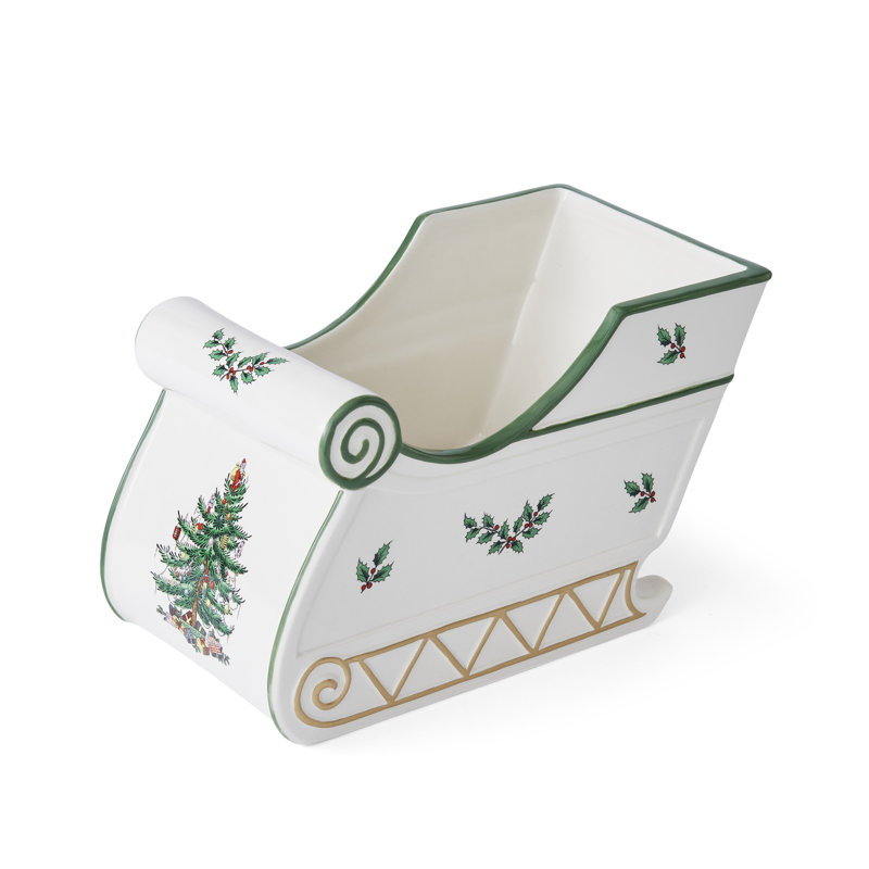 Spode Christmas Tree Figural Sleigh, 7.5" Dolomite Decorative Holiday Sleigh for Christmas Table Decor, Candy Holder, Snack Dish - Holiday Serveware & Festive Decorations
