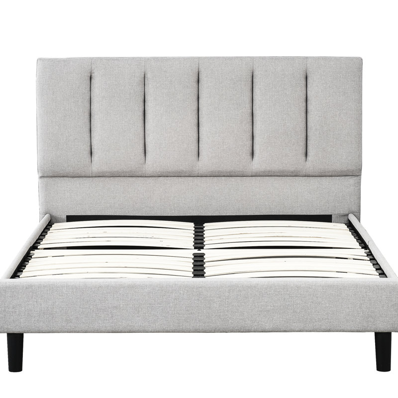 Lit double rembourré en lin gris moderne avec tête de lit, structure en contreplaqué et en bois franc, rembourrage en tissu facile à installer et configuration compacte