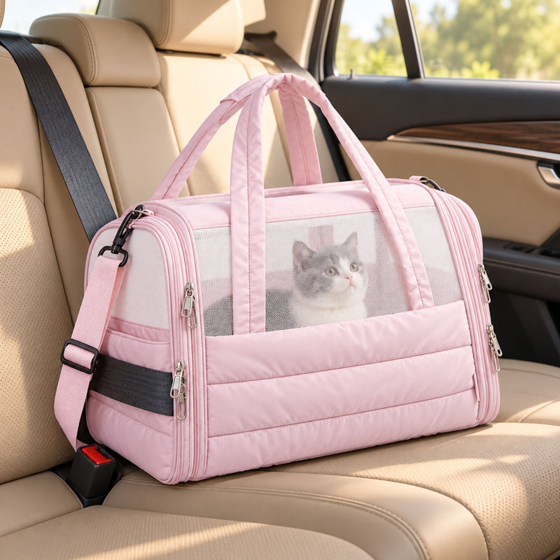 Soft-Sided Quilted Cat Carrier with Mesh Panels and Removable Pad