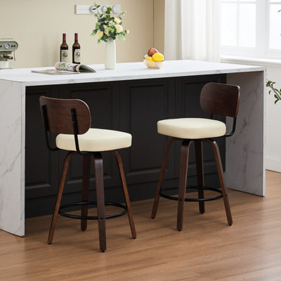 Tabouret de bar 26 po en similicuir de 26 po avec dossier en noyer, pieds de style Mid-Century, rotation sur 360 °, repose-pieds en métal, îlot de cuisine moderne, hauteur de comptoir pivotante en polyuréthane beige, ergonomique, salle à manger