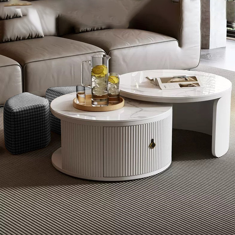 Round Nesting Coffee Table Set With 2 Storable Stools, Sintered Stone Coffee Table