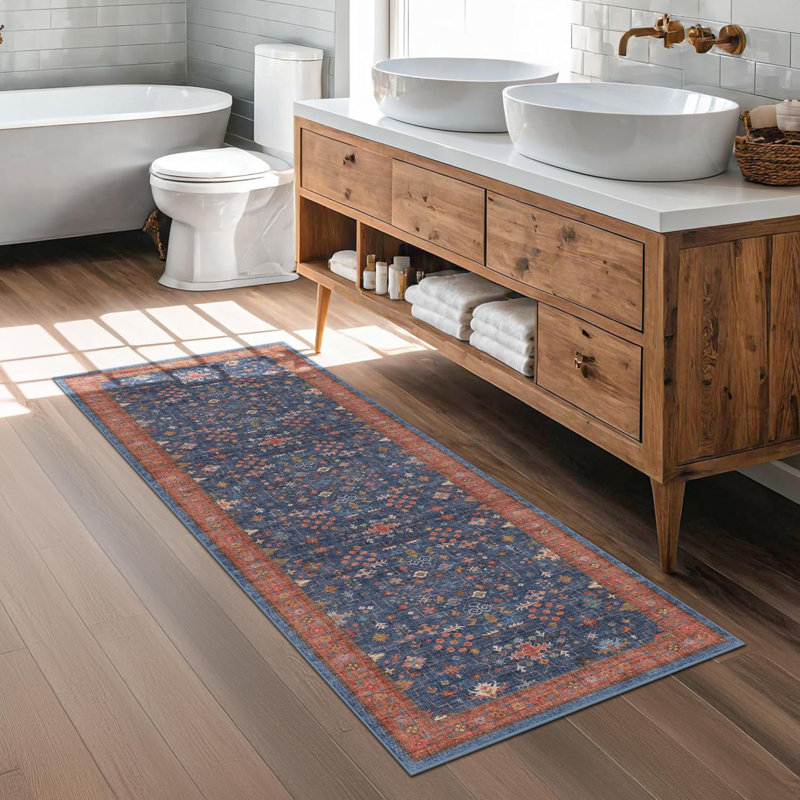 Tapis de cuisine lavables antidérapants, Bleu / Terre cuite, Tapis de couloir 2 pi x 5 pi