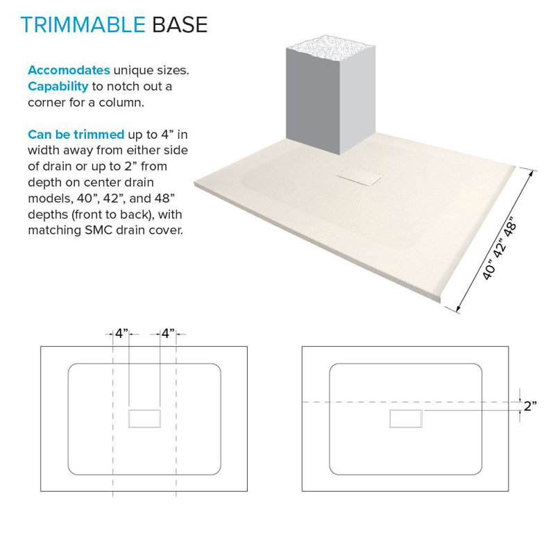 Transolid Trimslate 79-in x 40-in Shower Base with Adjustable Double Threshold and Center Drain, Cameo
