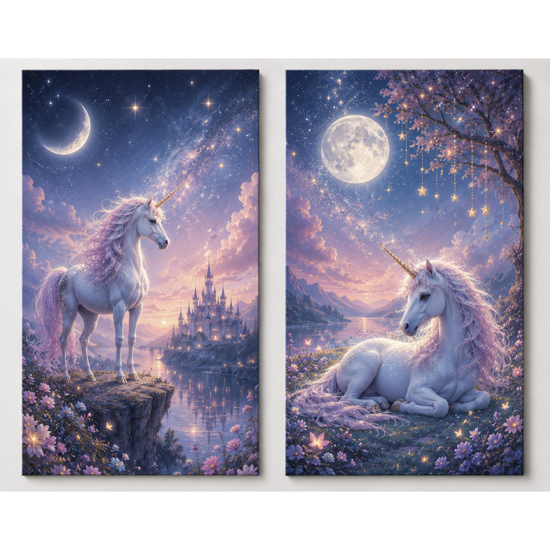 Grand ensemble de 2 impressions murales de château de fantaisie au clair de lune en forme de licorne pastel sur toile pour chambre d'enfant chambre de bébé décor de salle de jeu 16 x 24 pouces - prêt à accrocher