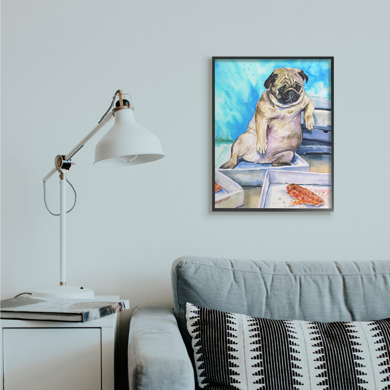 «Chubby Pug Dog with Pizza Boxes Pet Portrait» par George Dyachenko - peinture sur toile, H 30 po x l 24 po