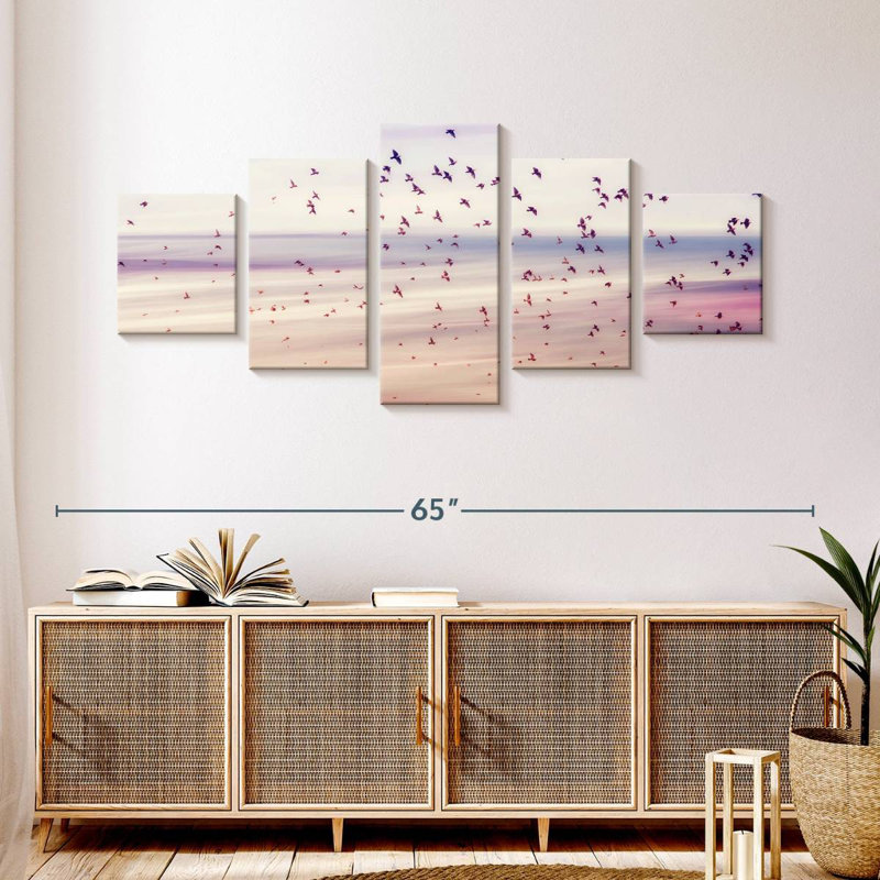 Oiseaux et ciel abstrait, H 24 po x l 55 po