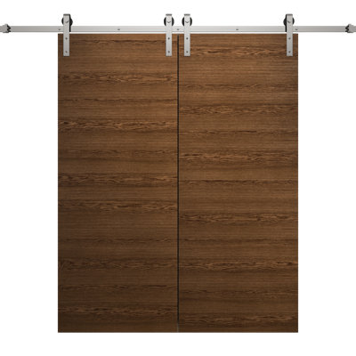 Modern Double Barn Door 56 x 80 inches Ego 5000 Cognac Oak 13FT Silver Rail Track Set Solid Panel Interior Doors
