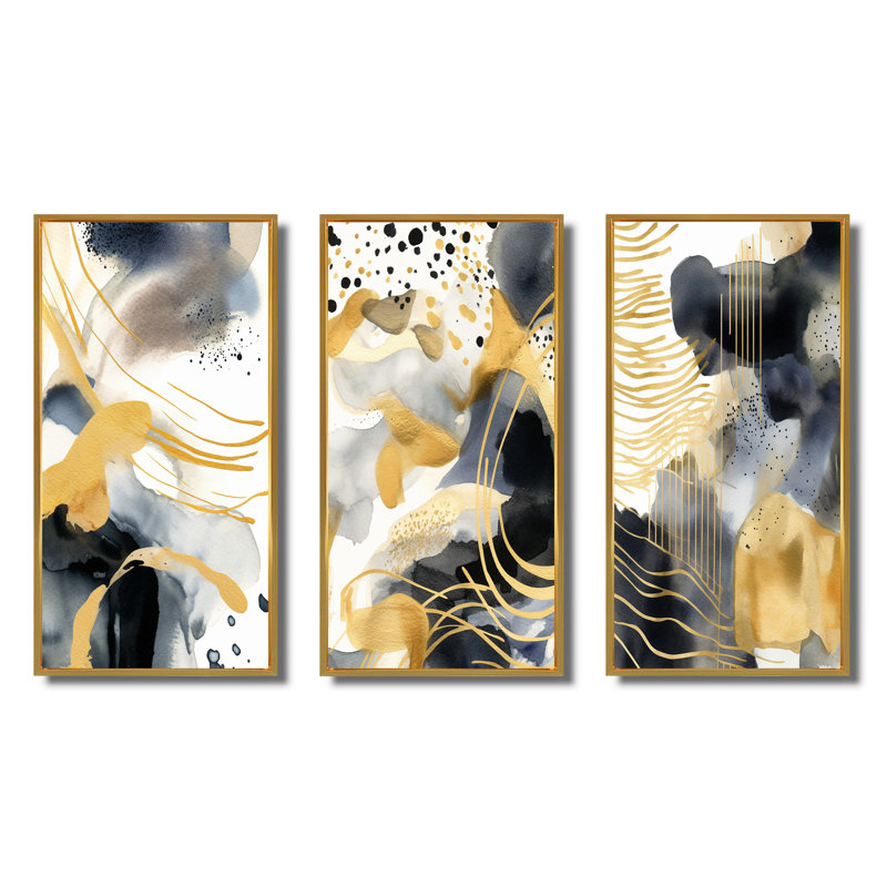 «Pastel Abstract with Blue Black and Gold Spots V», 3 pièces sur toile, Cadre flottant doré, H 40 po x l 60 po