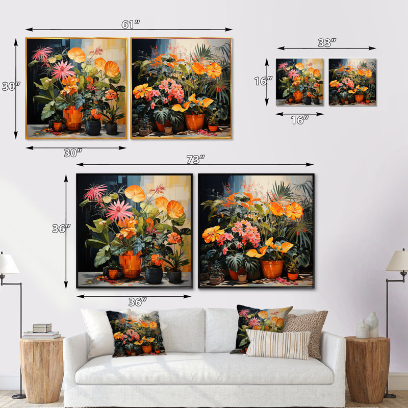 Vibrant Botanical Plants Symphony - ensemble de 2 collages floraux carrés, Cadre flottant doré, H 36 po x l 73 po