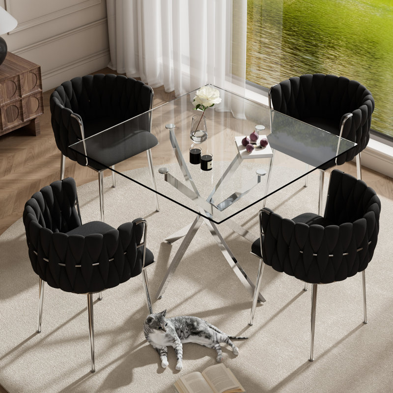Square Pedestal Dining Set with Woven Dining Chair, Black, 5 Piece: Table, 4 Chairs, Silver