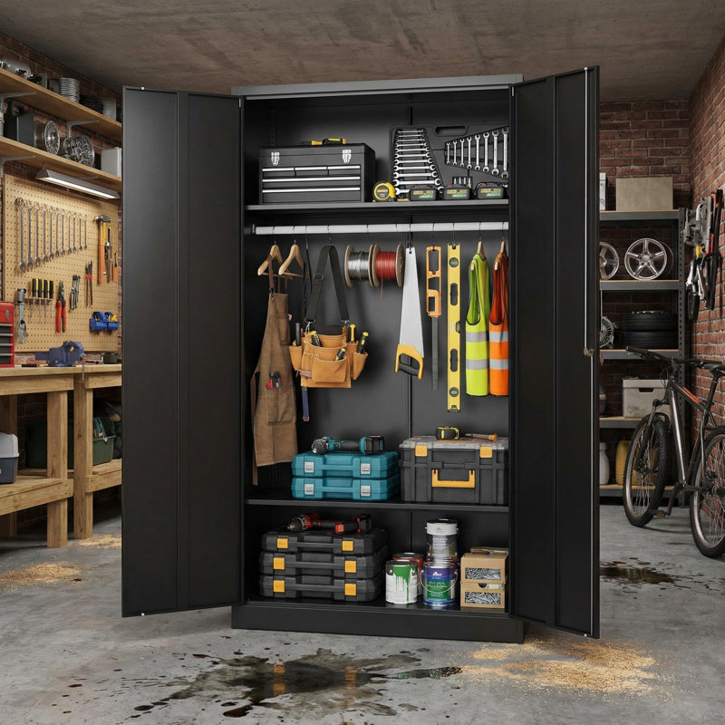 Armoire de rangement industrielle en acier noir - grande armoire en métal laminé à froid de 72 po, portes verrouillables de 0,6 mm, tablettes réglables, tringle à vêtements suspendue, casier robuste pour la maison, le garage et le bureau