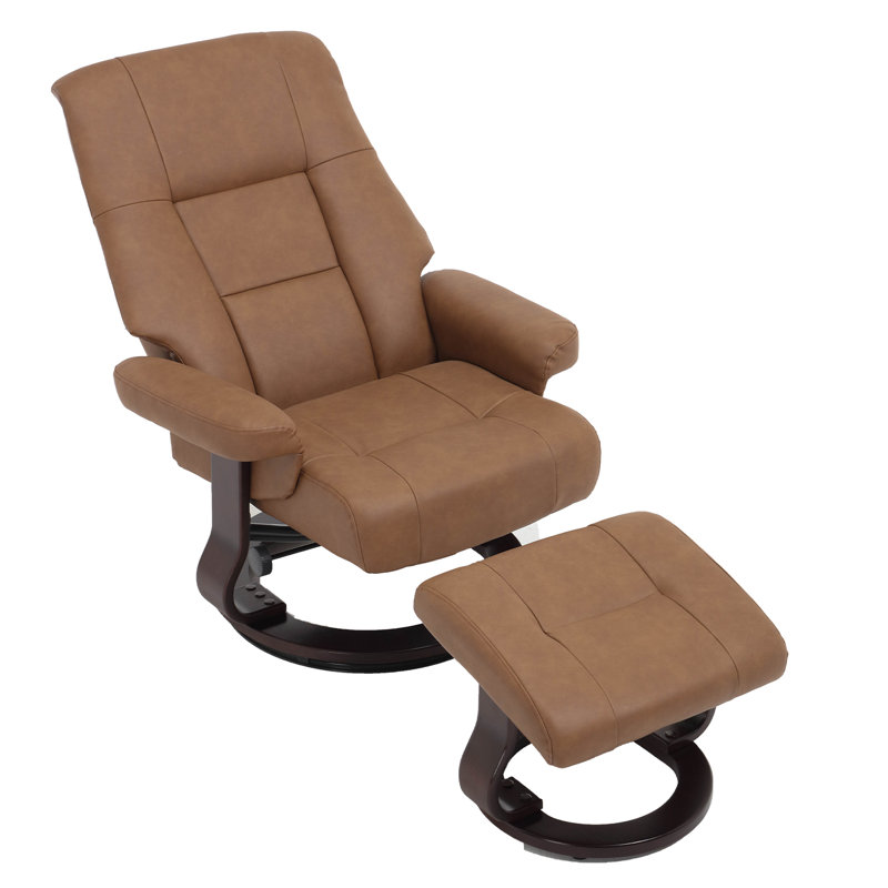 PU Swivel Recliner with Ottoman,Adjustable Reclining Chair with Solid Wood Base, for Office, Living, Brown