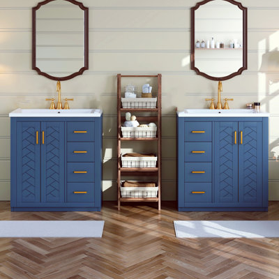 Ensemble de meuble-lavabo autoportant en bois massif de 60 pouces (avec lavabo autoportant en céramique), avec tiroirs et portes à fermeture en douceur, bleu