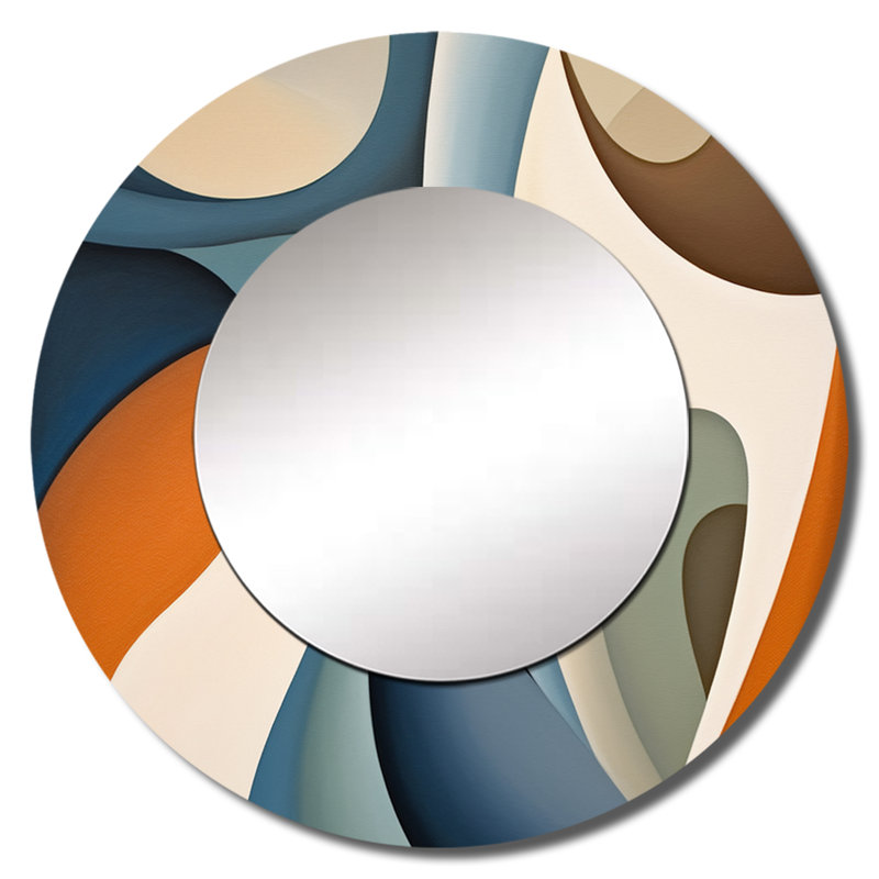 Blue Orange Symmetrical Visions - Abstract Shapes Decorative Mirror, Modern Large Round Wall Mirror, Printed Metal Art
